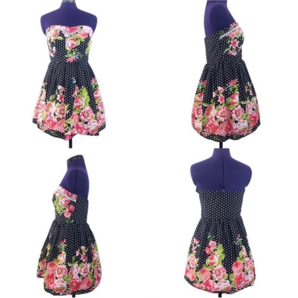 Floral Polka Dot Strapless Mini Dress Retro Rockabilly Style Pinup - Picture 2 of 9
